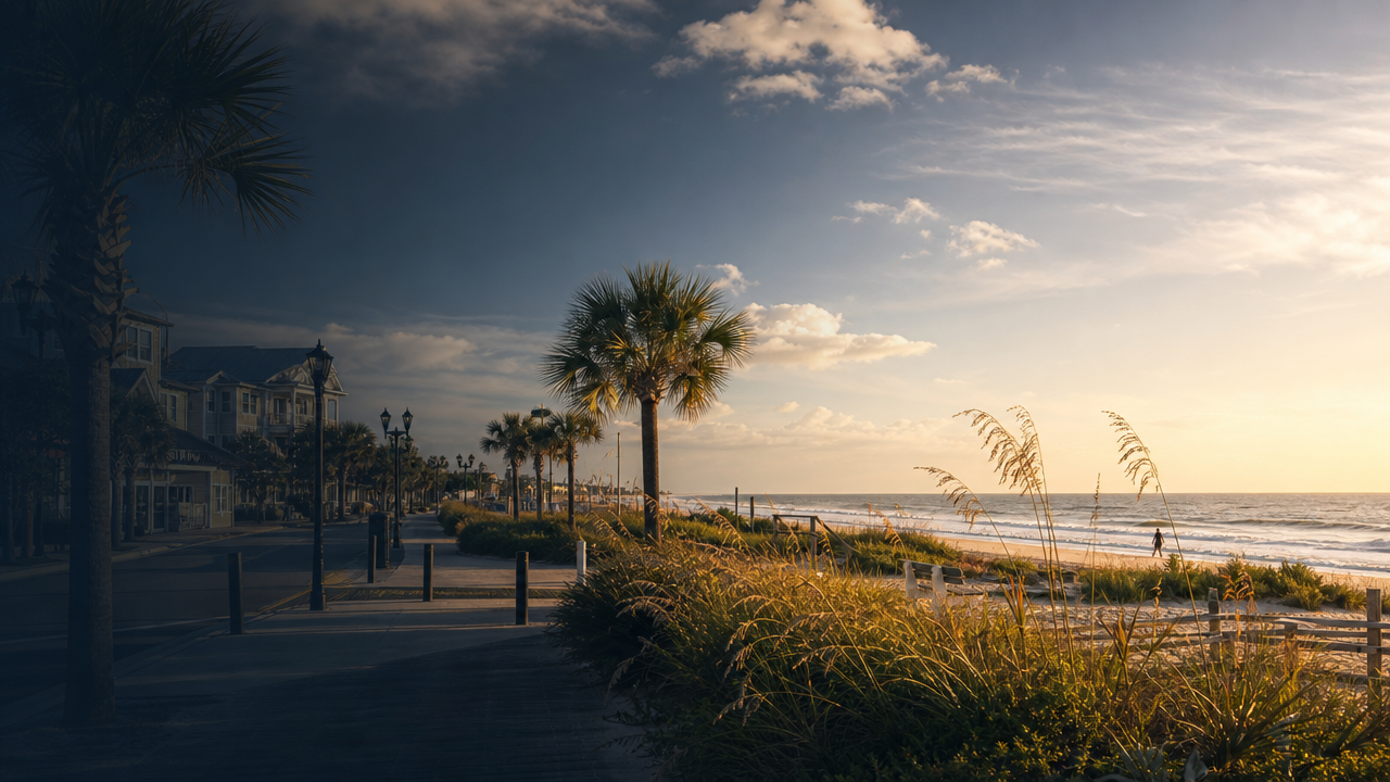 Low-rise beachfront streetscape and sea oats near Atlantic Beach