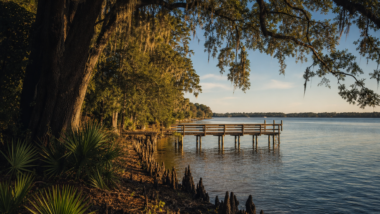 Doctors Lake shoreline with live oaks and a small dock on Fleming Island