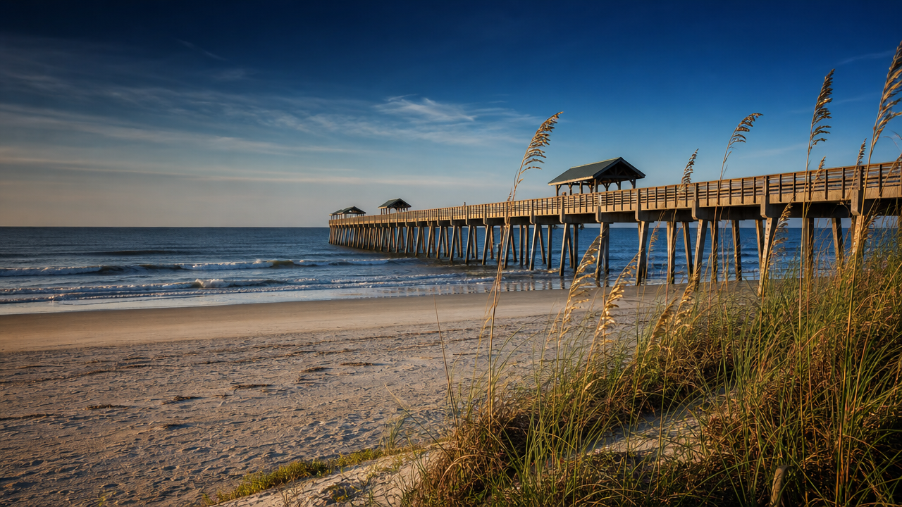 Jacksonville Beach Pier extending into the Atlantic beside the sandy shore