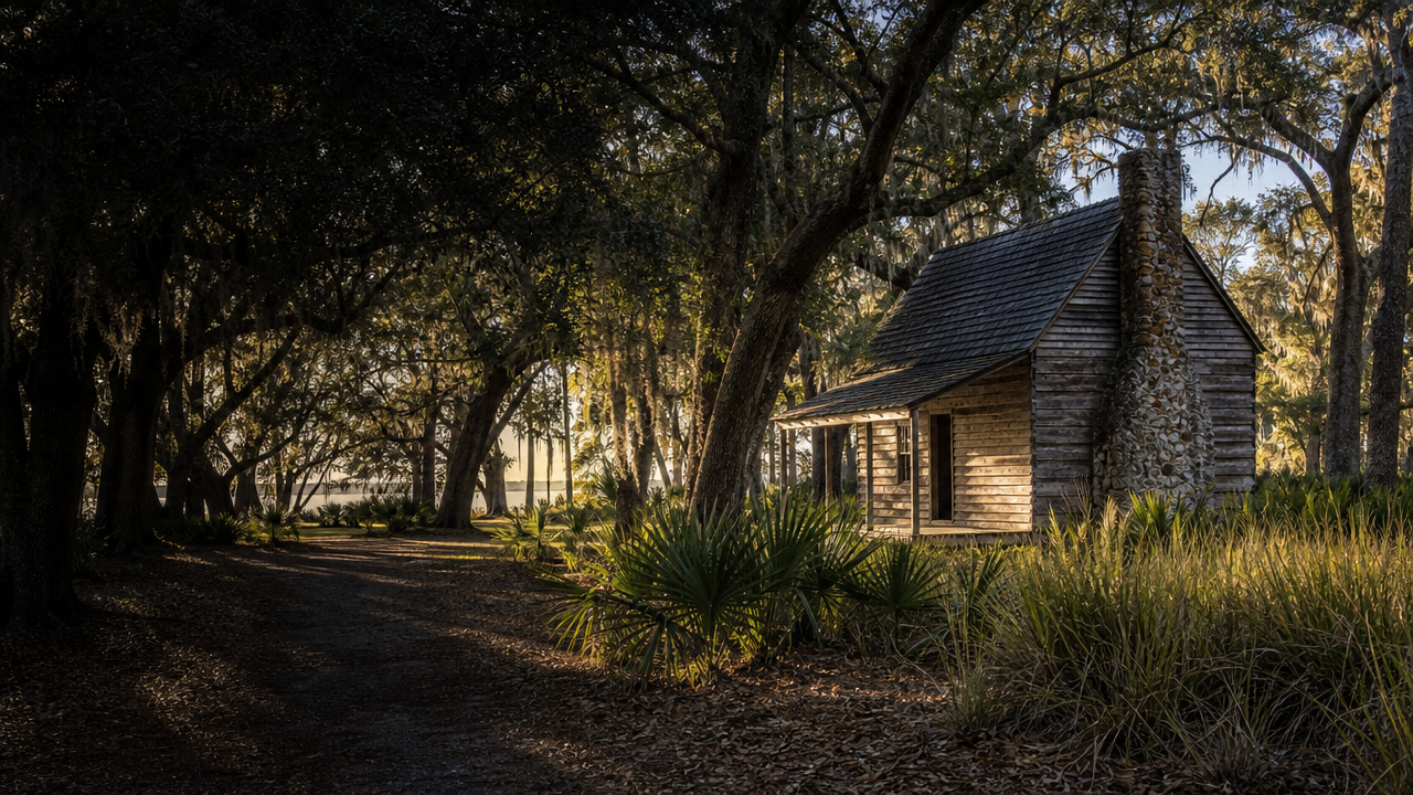 Historic Florida cabin beneath live oaks at Walter Jones Historical Park in Mandarin