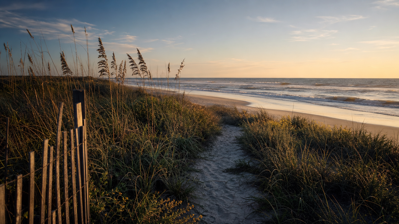 Sandy beach access path through sea oats along the Neptune Beach shoreline