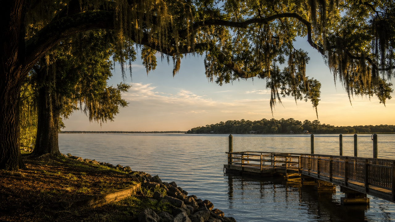 St. Johns River waterfront with live oaks and a dock near Orange Park