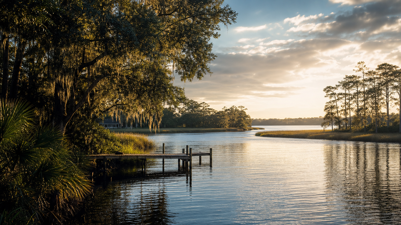 Oak-lined Julington Creek opening toward the St. Johns River in St. Johns
